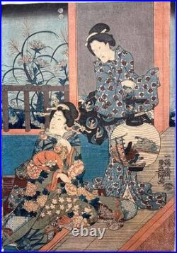 Two Antique Japanese Woodblock Prints by Kunisada Seven Autumn Flowers c. 1850