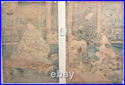 Two Antique Japanese Woodblock Prints by Kunisada Seven Autumn Flowers c. 1850