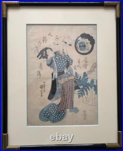 UTAGAWA KUNIYOSHI Antique 1830s Original Woodblock Woman Playing with Cat Frame