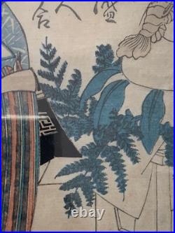 UTAGAWA KUNIYOSHI Antique 1830s Original Woodblock Woman Playing with Cat Frame