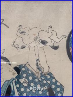 UTAGAWA KUNIYOSHI Antique 1830s Original Woodblock Woman Playing with Cat Frame
