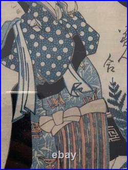 UTAGAWA KUNIYOSHI Antique 1830s Original Woodblock Woman Playing with Cat Frame