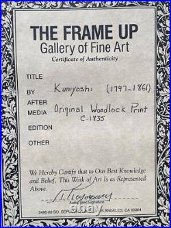 UTAGAWA KUNIYOSHI Antique 1830s Original Woodblock Woman Playing with Cat Frame