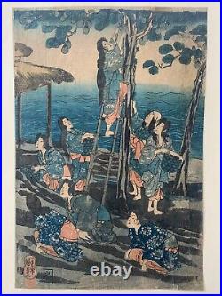 UTAGAWA KUNIYOSHI Circa 1850 Japanese Woodblock Tametomo Women Picking Fruit