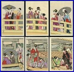UTAMARO JAPANESE Six Panels Woodblock Print On Top and Beneath Rygoku Bridge