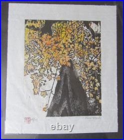 Up a Maple Tree woodcut woodblock print Japanese moku hanga washi signed proof