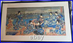 Utagawa Kunisada (1786 1865) Triptych Samurai In A Garden Woodblock Framed