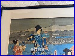 Utagawa Kunisada (1786 1865) Triptych Samurai In A Garden Woodblock Framed