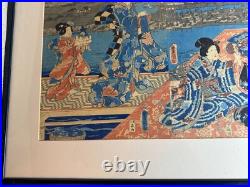 Utagawa Kunisada (1786 1865) Triptych Samurai In A Garden Woodblock Framed