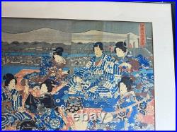 Utagawa Kunisada (1786 1865) Triptych Samurai In A Garden Woodblock Framed