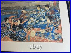 Utagawa Kunisada (1786 1865) Triptych Samurai In A Garden Woodblock Framed