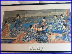 Utagawa Kunisada (1786 1865) Triptych Samurai In A Garden Woodblock Framed