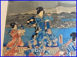 Utagawa Kunisada (1786 1865) Triptych Samurai In A Garden Woodblock Framed