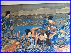 Utagawa Kunisada (1786 1865) Triptych Samurai In A Garden Woodblock Framed