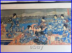 Utagawa Kunisada (1786 1865) Triptych Samurai In A Garden Woodblock Framed