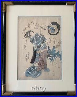 Utagawa Kuniyoshi 19th Century Japanese Woodblock Framed Woman and Cat Edo Era