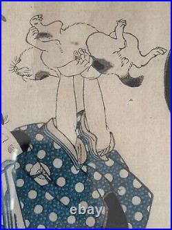 Utagawa Kuniyoshi 19th Century Japanese Woodblock Framed Woman and Cat Edo Era