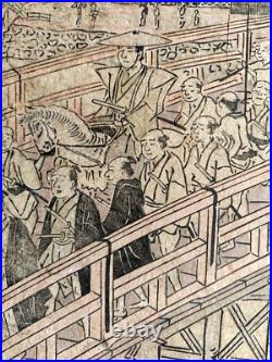 Utagawa Toyokuni I Antique Woodblock Circa 1800 Ryogoku Bridge Japan
