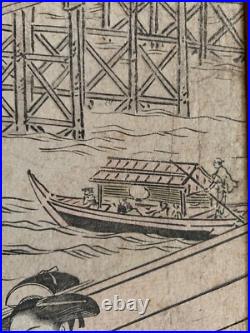 Utagawa Toyokuni I Antique Woodblock Circa 1800 Ryogoku Bridge Japan