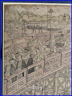 Utagawa Toyokuni I Antique Woodblock Circa 1800 Ryogoku Bridge Japan