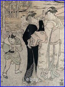 Utagawa Toyokuni I Antique Woodblock Circa 1800 Ryogoku Bridge Japan