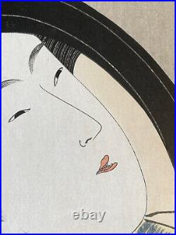 Utamaro Woodblock Print Girl Powdering Her Neck Japanese Colored Woodcut