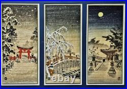 VTG Triptych Japanese Woodblock Prints Benji Asada Paintings Rice Paper FRAMED