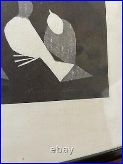 Vintage 1950 Japanese Woodblock Print Kaoru Kawano Doves and Girl Pencil Signed