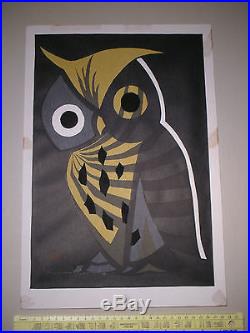 Vintage 1950s Japanese Kaoru Kawano Woodblock Print Big Owl (Signed)