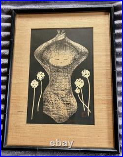 Vintage 50's Kaoru Kawano Tanpopo Japanese Woodblock Print Girl & Flowers Signed