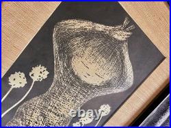 Vintage 50's Kaoru Kawano Tanpopo Japanese Woodblock Print Girl & Flowers Signed