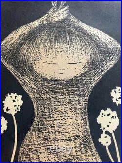 Vintage 50's Kaoru Kawano Tanpopo Japanese Woodblock Print Girl & Flowers Signed