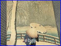 Vintage Antique Ohara Koson Japanese Woodblock Print Snow on Willow Bridge