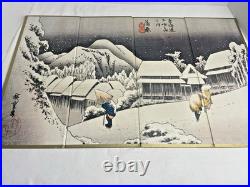 Vintage Folding Panel Utagawa Hiroshige Woodblock Print Evening Snow at Kanbara