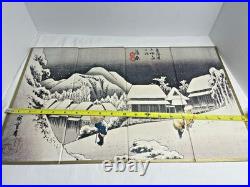 Vintage Folding Panel Utagawa Hiroshige Woodblock Print Evening Snow at Kanbara