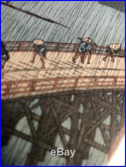Vintage HIROSHI YOSHIDA JAPANESE WOOD BLOCK PRINT Sudden Shower Ohashi Bridge
