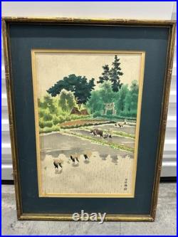 Vintage Japanese Rice Field Woodblock Print Green Landscape Framed Signed Large