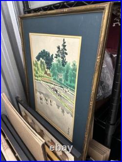 Vintage Japanese Rice Field Woodblock Print Green Landscape Framed Signed Large