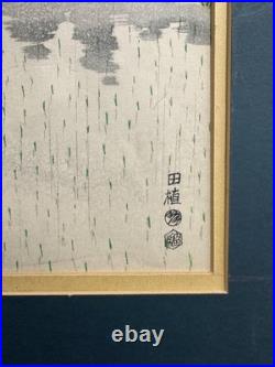 Vintage Japanese Rice Field Woodblock Print Green Landscape Framed Signed Large