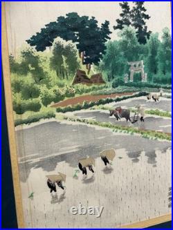 Vintage Japanese Rice Field Woodblock Print Green Landscape Framed Signed Large