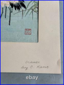 Vintage Japanese Woodblock Print 3 Cranes C Kano 8.75x11.5