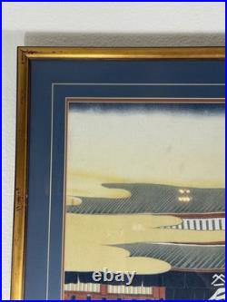 Vintage Japanese Woodblock Print Framed Artwork Geisha Scene 33x33 in 1980s