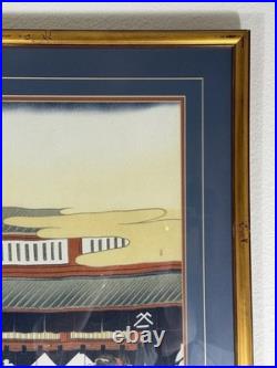 Vintage Japanese Woodblock Print Framed Artwork Geisha Scene 33x33 in 1980s