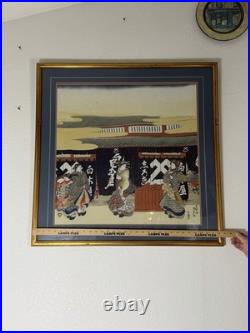 Vintage Japanese Woodblock Print Framed Artwork Geisha Scene 33x33 in 1980s