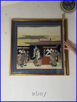 Vintage Japanese Woodblock Print Framed Artwork Geisha Scene 33x33 in 1980s