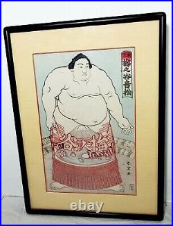 Vintage Japanese Woodblock Print, Hand Colored Sumo Wrestler, Artist Syunsen