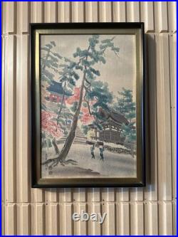 Vintage Japanese Woodblock Print Temple with Pine Trees & Cherry Blossoms