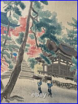 Vintage Japanese Woodblock Print Temple with Pine Trees & Cherry Blossoms