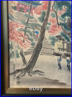 Vintage Japanese Woodblock Print Temple with Pine Trees & Cherry Blossoms
