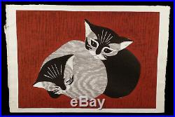 Vintage Kaoru Kawano (1916-1965) Cats Kittens Japanese Woodblock Print Art Japan